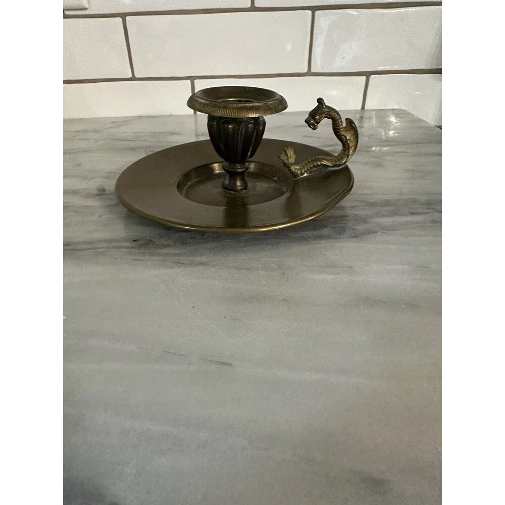 Vintage Brass Dragon Handle Candlestick Candle Holder Chamberstick
